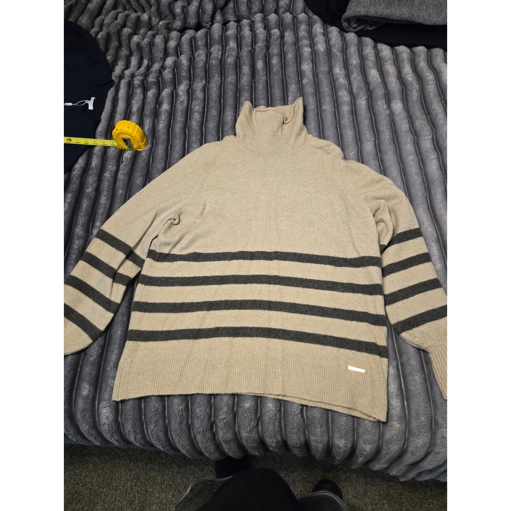 Michael Kors Turtleneck Sweater Beige Grey Striped Knit Top Large
